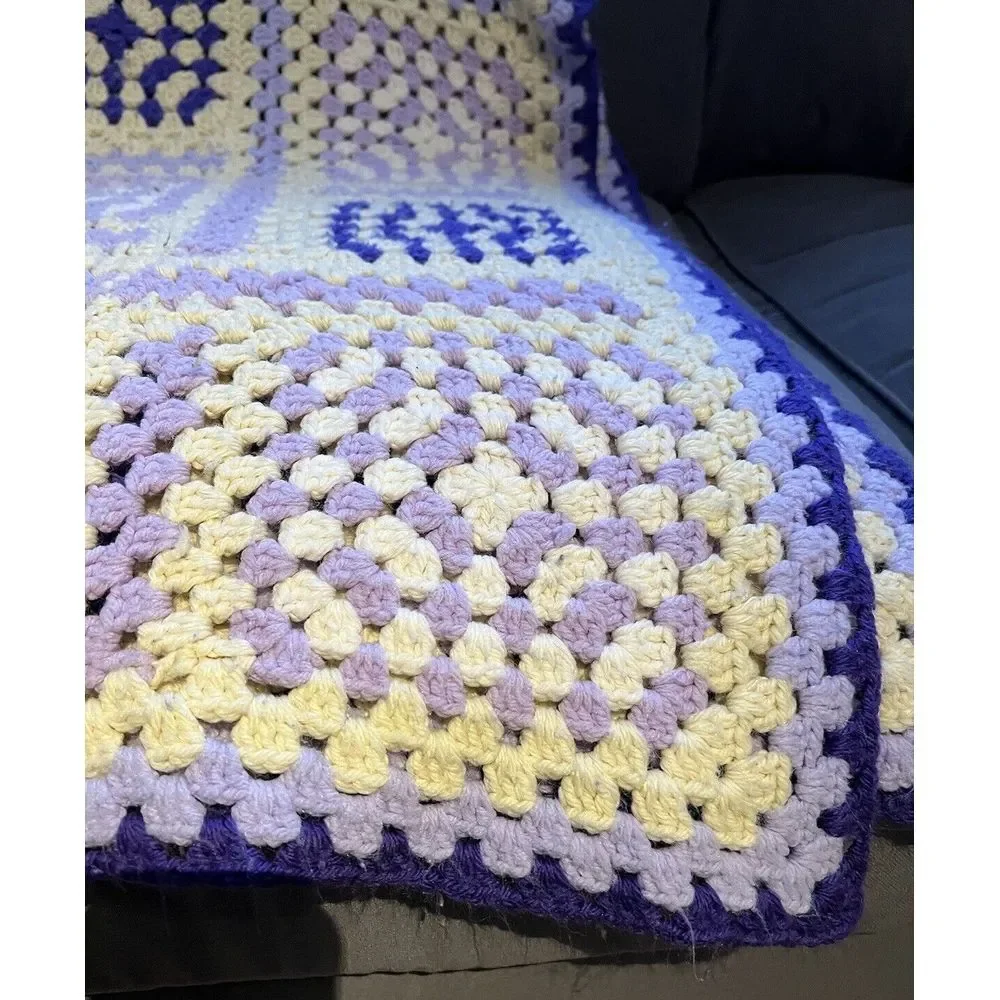 Vtg Purple White Crochet Handmade Afghan Throw Blanket Granny Square Style 48x64
